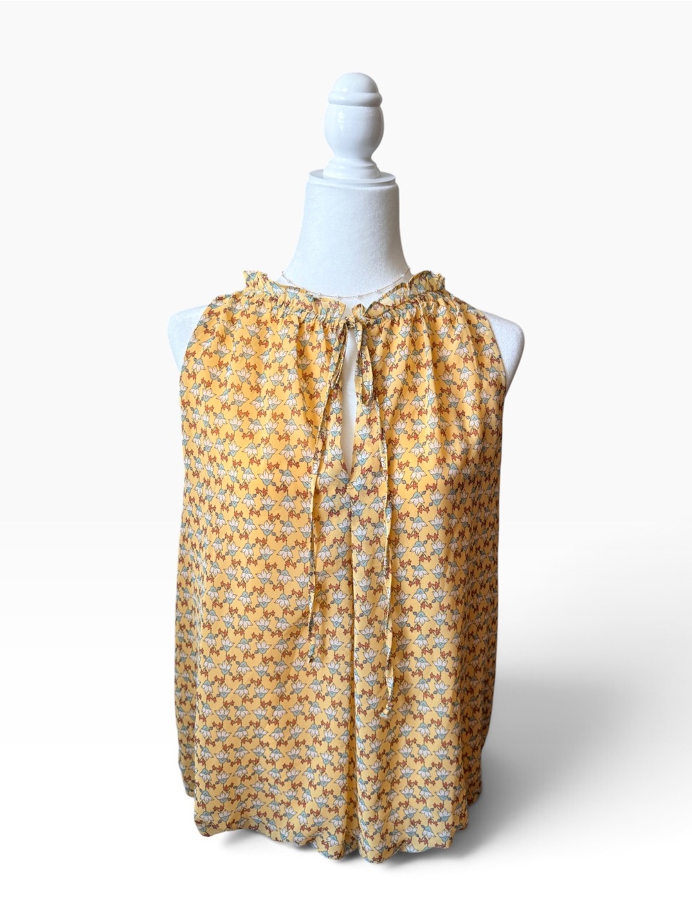 Max Studio Yellow Floral Tie-Neck Sleeveless Top